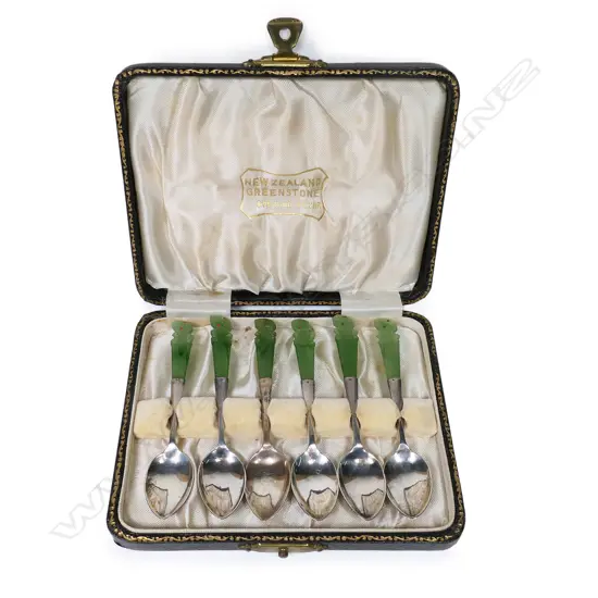 Joseph Swindell & Sons silver and greenstone six coffee spoon set,